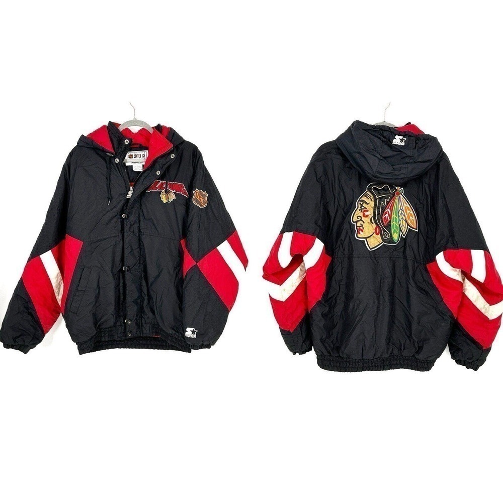 Vintage Starter Black Hawks Hooded Zip Puffer Jacket Large Red Black